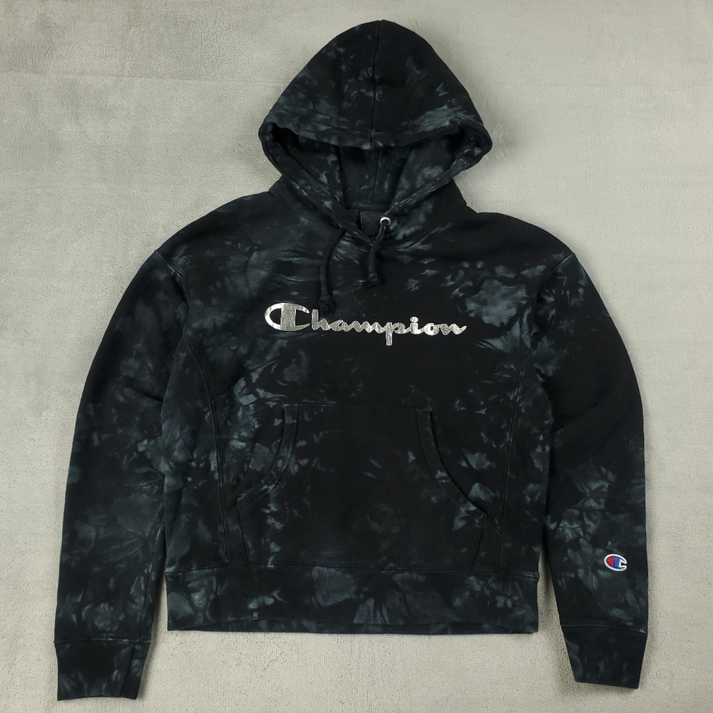 Champion Reverse Weave Hoodie Womens Small Sweatshirt Pullover Script Tie Dye